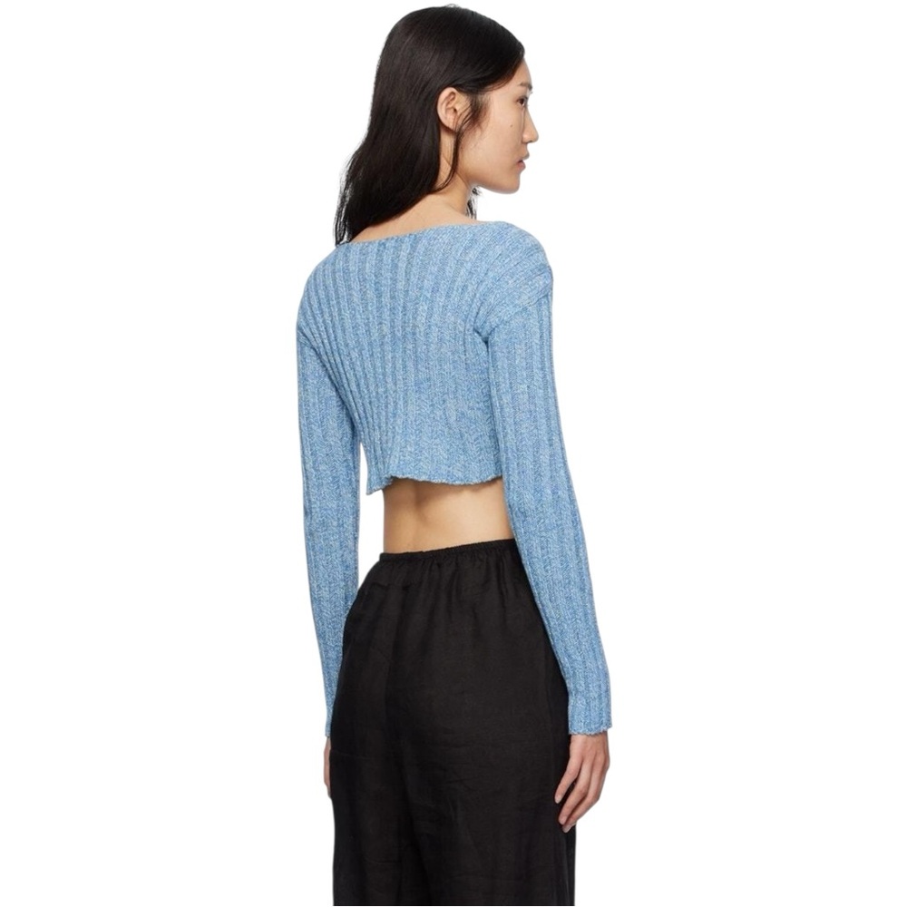 Baserange Macau Sweater Blue Melange Ribbed Boat Neck Crop Long Sleeve Knit Top - Picture 3 of 10